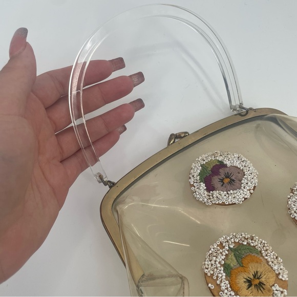 Vintage Lucite Handle Clear Plastic 40s/50s Handbag With Flowers & Beads - Picture 8 of 12
